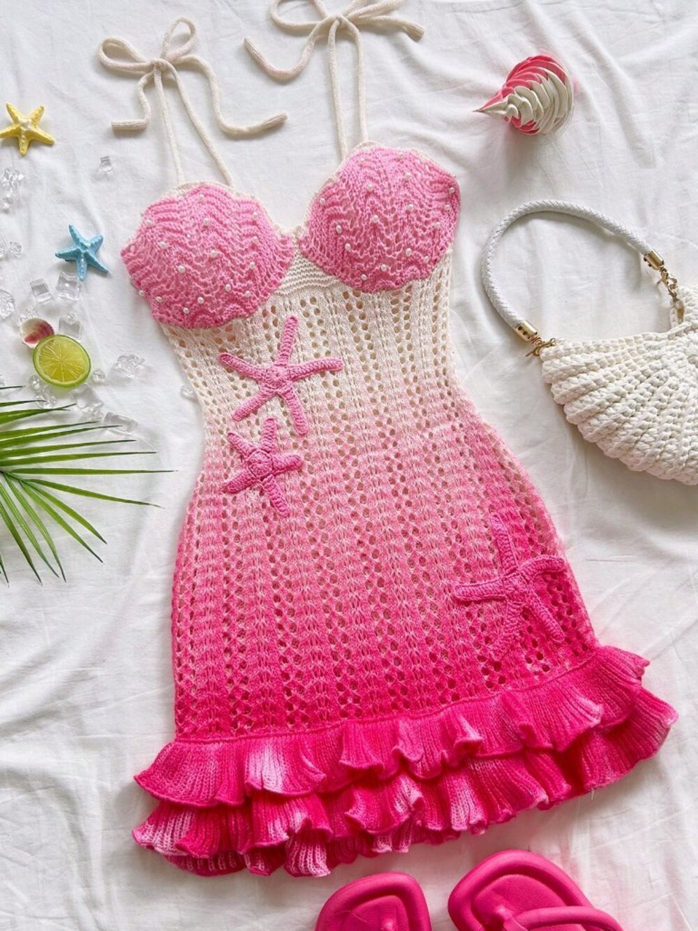 Pink Sexy Women's Holiday Starfish Decor Double Ruffle Hem crochet Knit Dress